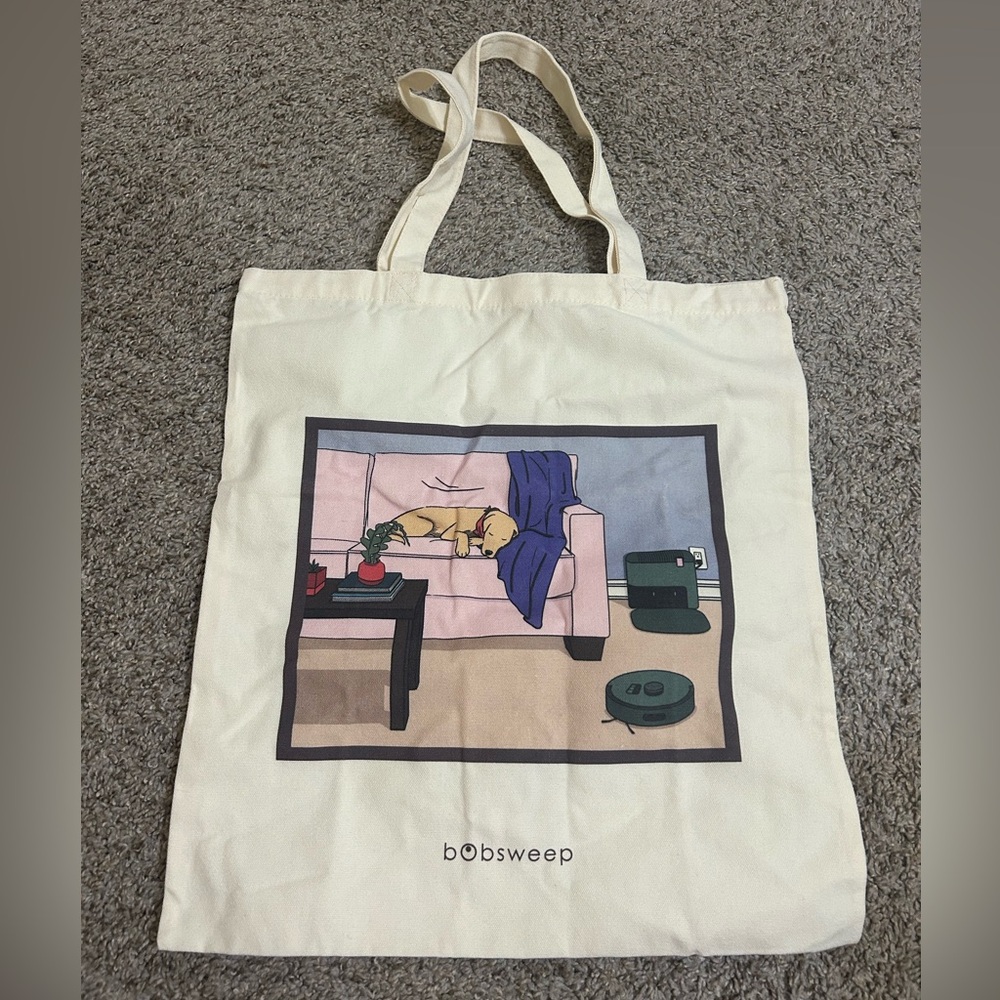 Bobsweep Cream Canvas Tote Bag Illustrated Dog Scene Vacuum Travel Unisex Open